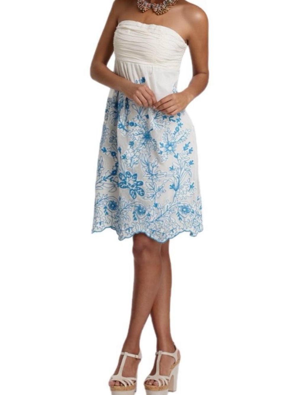 Anthropologie • Vanessa Virginia Cream Strapless Dress W/ Blue Floral Embroidery